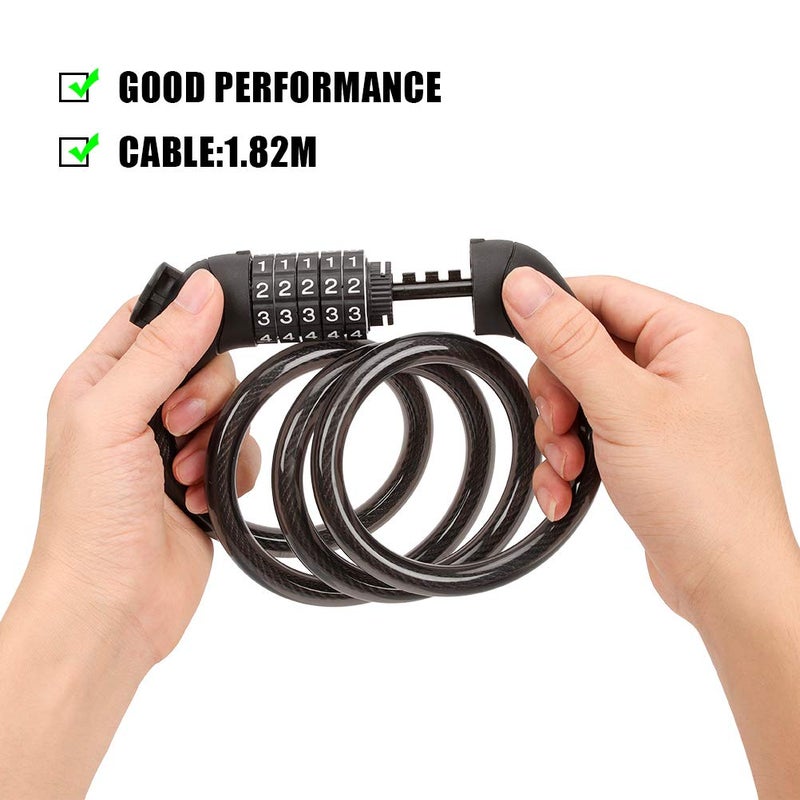 Emoly Bike Lock Cable, High Security 5 Digit Resettable Combination Coiling Bike Cable Lock,Bicycle Cable Lock for Bicycle,Mountain Bike, Scooter Outdoors, 4 Feet x 1.2M, Black - Image 2